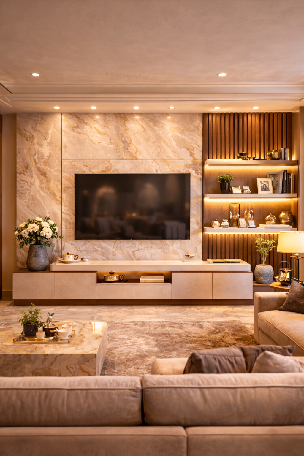 TV unit and wall panel design by Bhartik Interiors